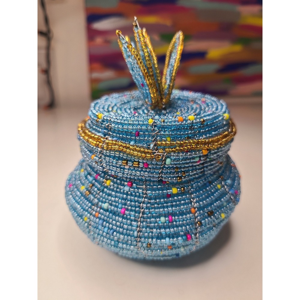 Blue Multicolor Beaded Decorative Container Maximalist - Picture 5 of 5